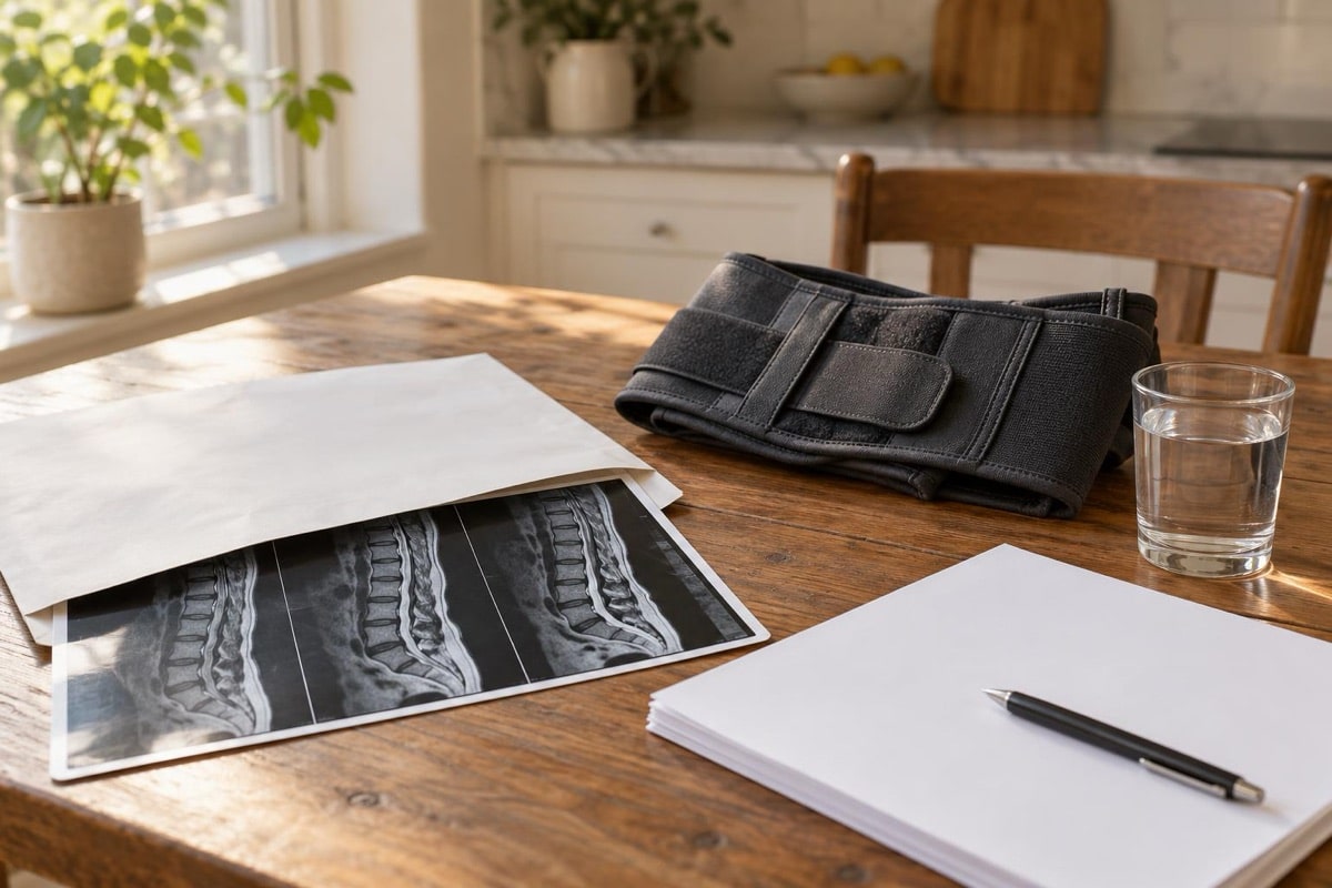 Spine MRI film, a folded back brace and paperwork on a kitchen table